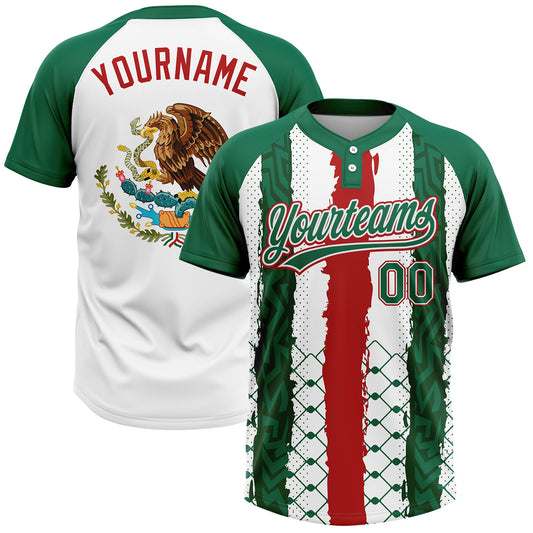Custom Kelly Green Red-White Mexico Two-Button Unisex Softball Jersey - Main View