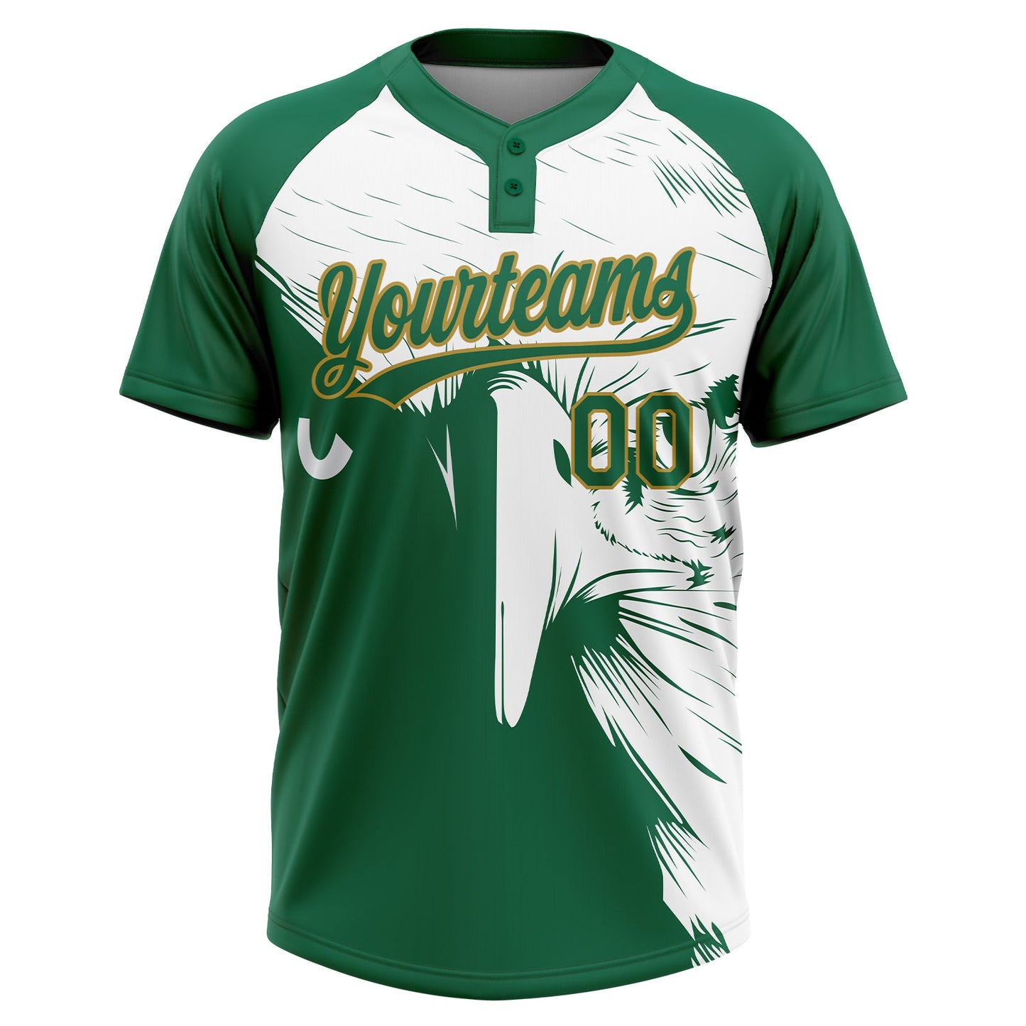 Custom Kelly Green Old Gold-White Mexico Two-Button Unisex Softball Jersey view 2