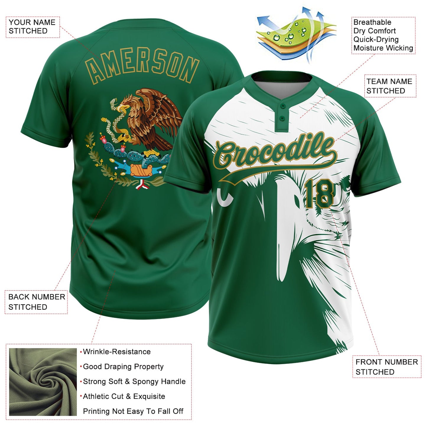 Custom Kelly Green Old Gold-White Mexico Two-Button Unisex Softball Jersey view 3
