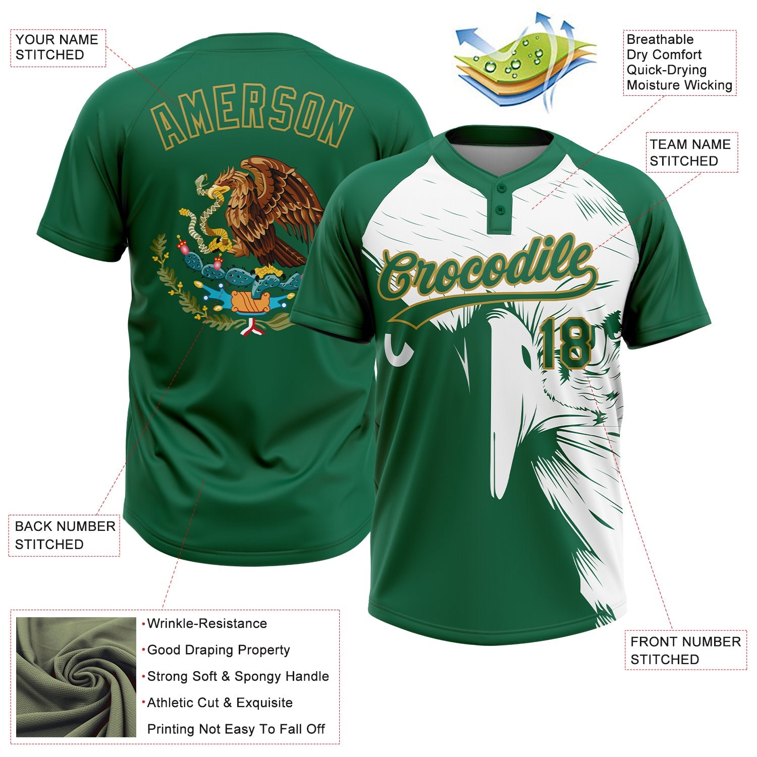 Custom Kelly Green Old Gold-White Mexico Two-Button Unisex Softball Jersey view 3