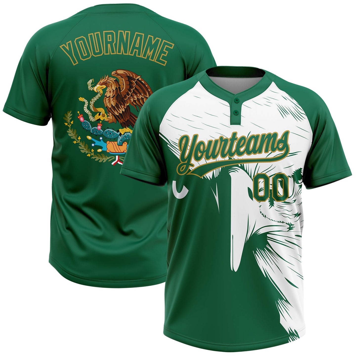 Custom Kelly Green Old Gold-White Mexico Two-Button Unisex Softball Jersey - Main View