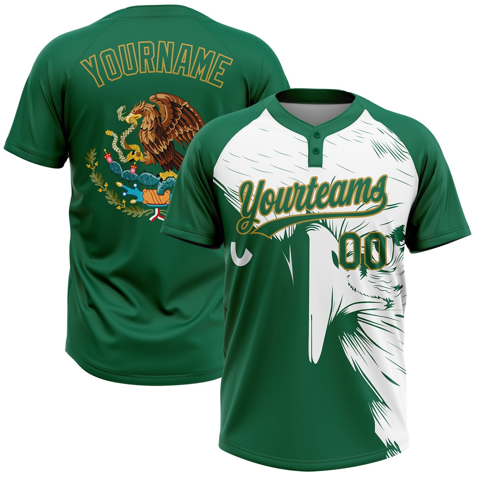 Custom Kelly Green Old Gold-White Mexico Two-Button Unisex Softball Jersey - Main View