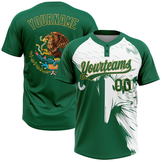 Custom Kelly Green Old Gold-White Mexico Two-Button Unisex Softball Jersey - Main View