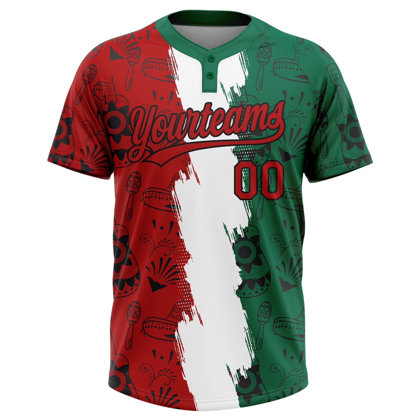 Custom Kelly Green Red Black-White Mexico Two-Button Unisex Softball Jersey view 2