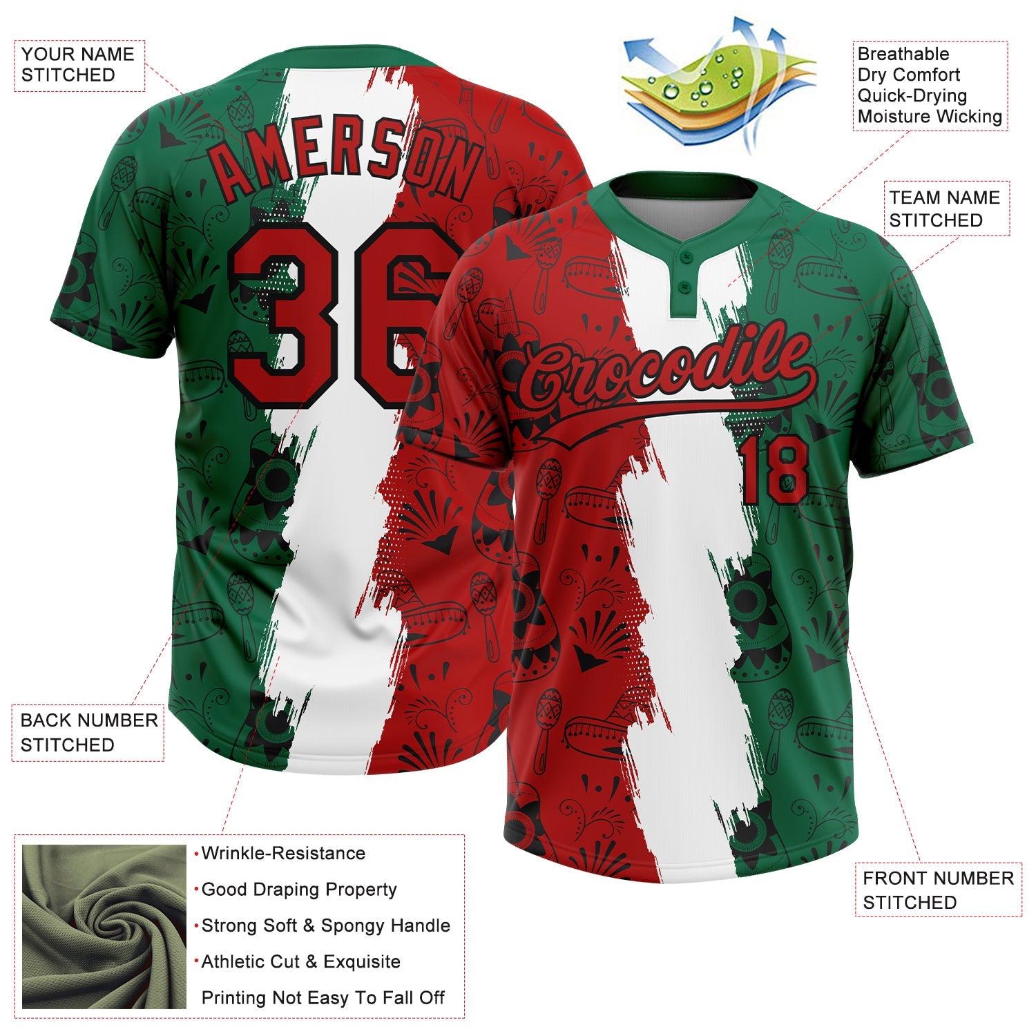 Custom Kelly Green Red Black-White Mexico Two-Button Unisex Softball Jersey view 3
