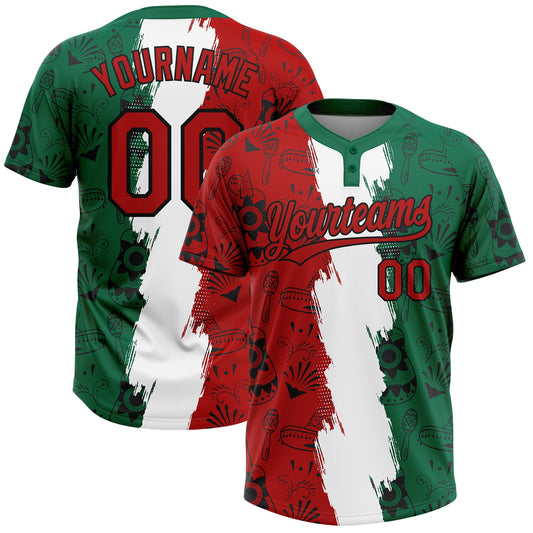 Custom Kelly Green Red Black-White Mexico Two-Button Unisex Softball Jersey - Main View