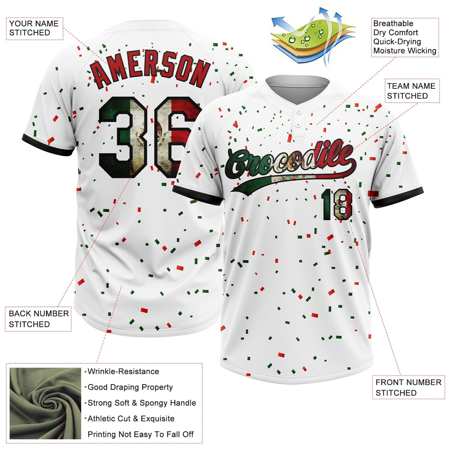 Custom White Vintage Mexican Flag Red-Black Mexico Two-Button Unisex Softball Jersey view 3