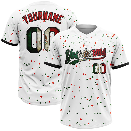 Custom White Vintage Mexican Flag Red-Black Mexico Two-Button Unisex Softball Jersey - Main View