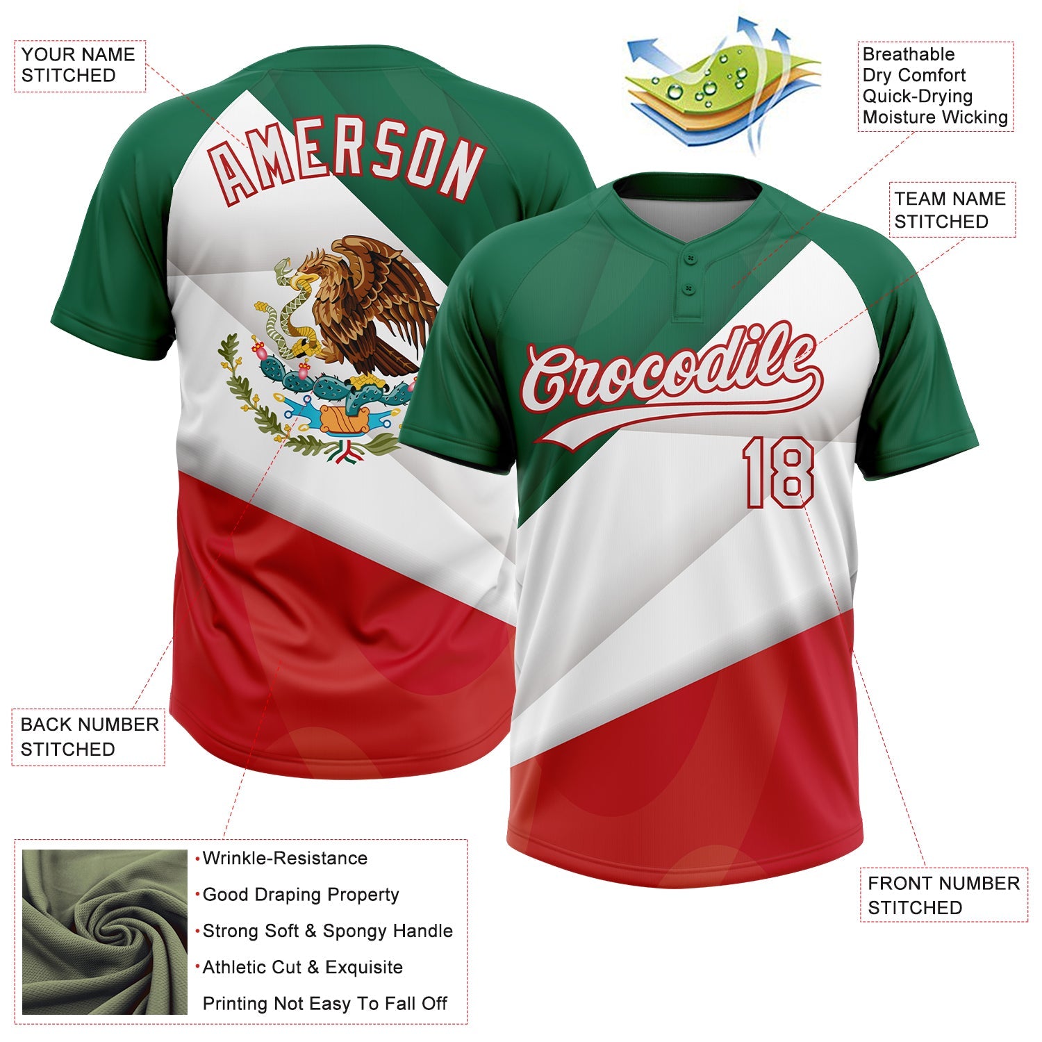 Custom Kelly Green White-Red Mexico Two-Button Unisex Softball Jersey view 3