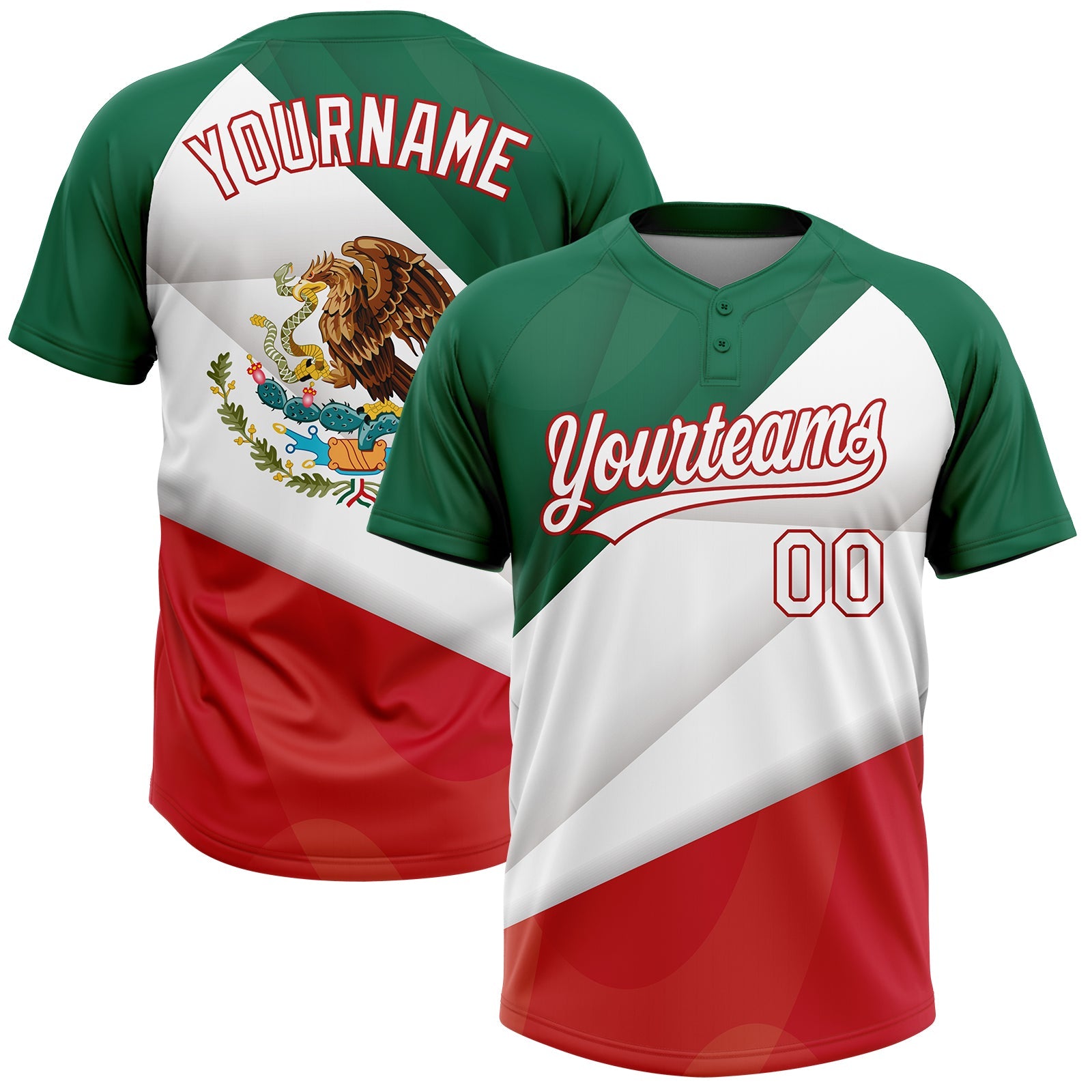 Custom Kelly Green White-Red Mexico Two-Button Unisex Softball Jersey - Main View