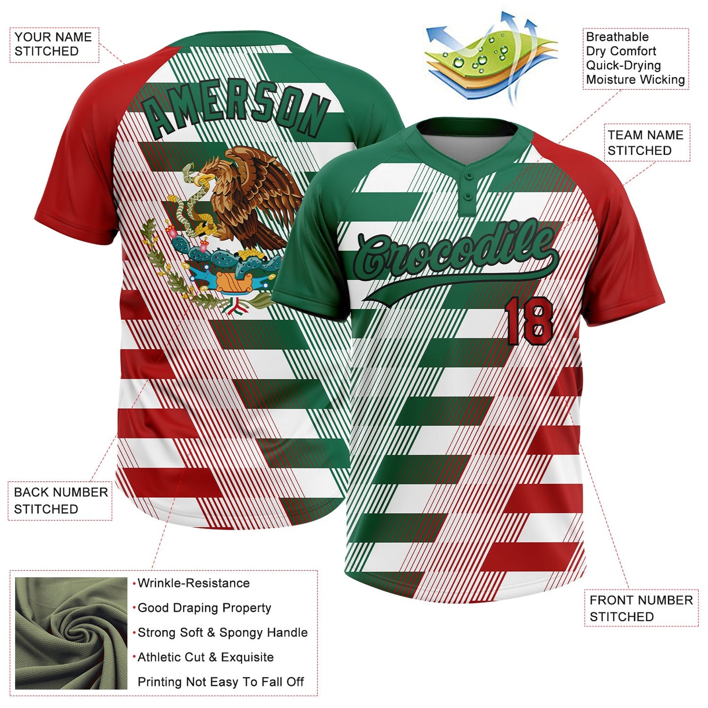 Custom White Red Kelly Green-Black Mexico Two-Button Unisex Softball Jersey view 3