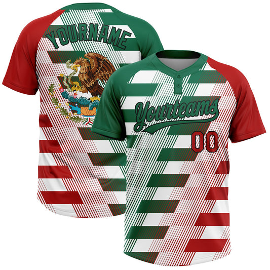 Custom White Red Kelly Green-Black Mexico Two-Button Unisex Softball Jersey - Main View