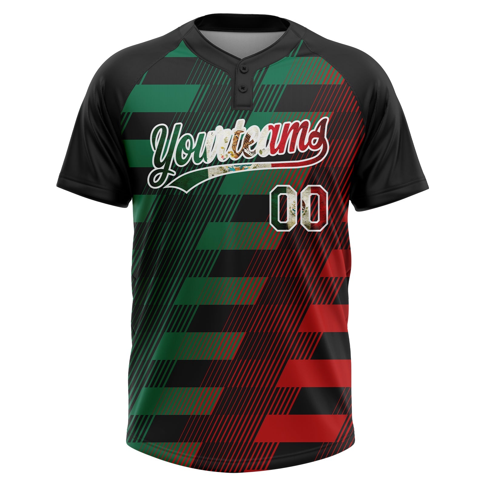 Custom Black Vintage Mexican Flag Kelly Green Red-White Mexico Two-Button Unisex Softball Jersey view 2