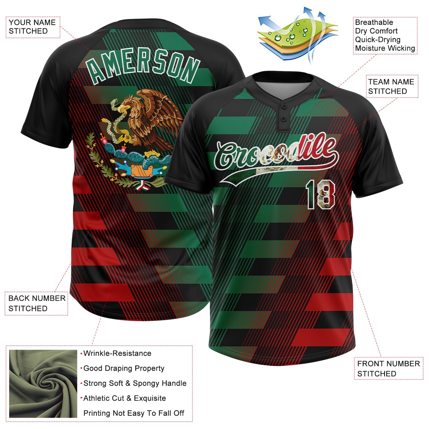 Custom Black Vintage Mexican Flag Kelly Green Red-White Mexico Two-Button Unisex Softball Jersey view 3