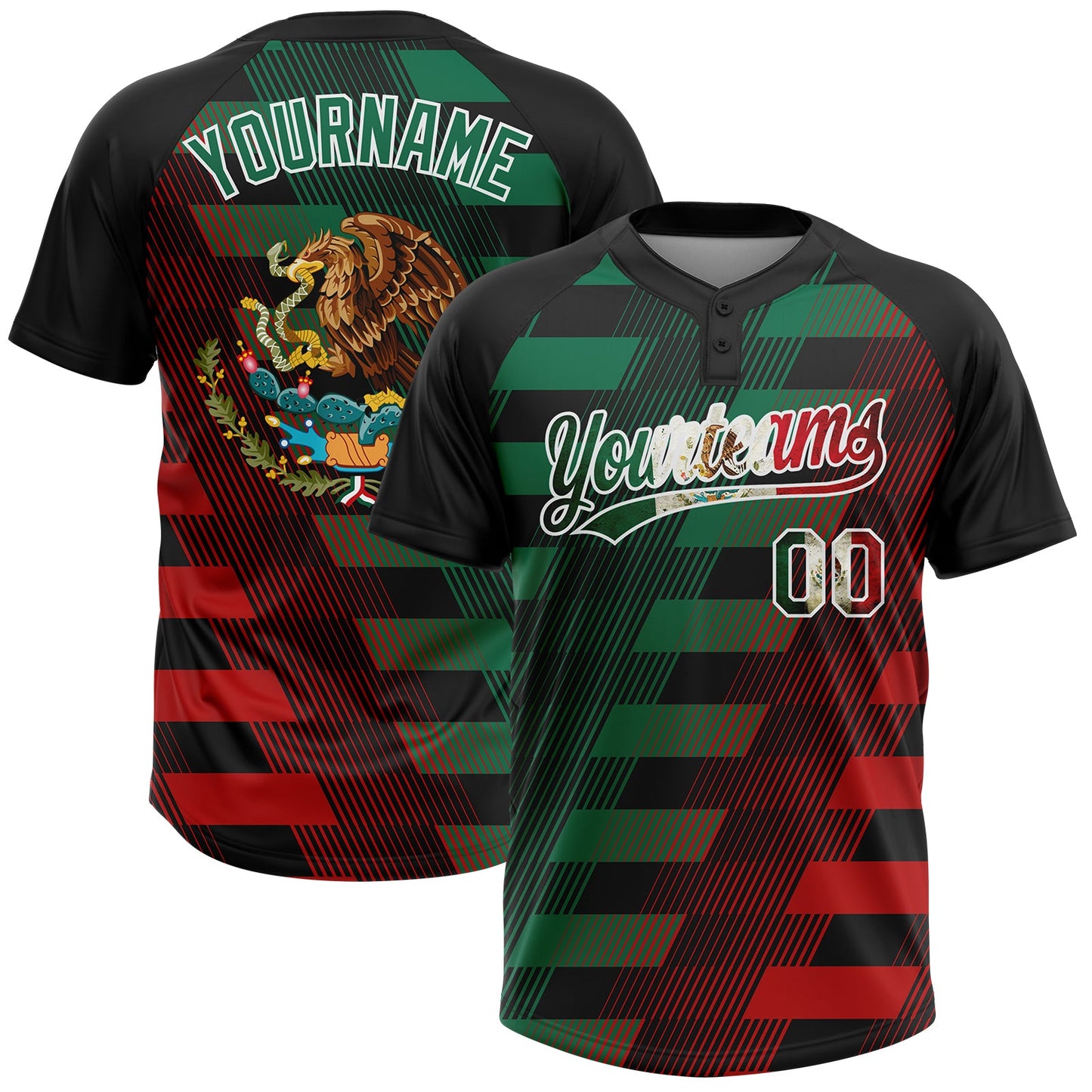 Custom Black Vintage Mexican Flag Kelly Green Red-White Mexico Two-Button Unisex Softball Jersey - Main View