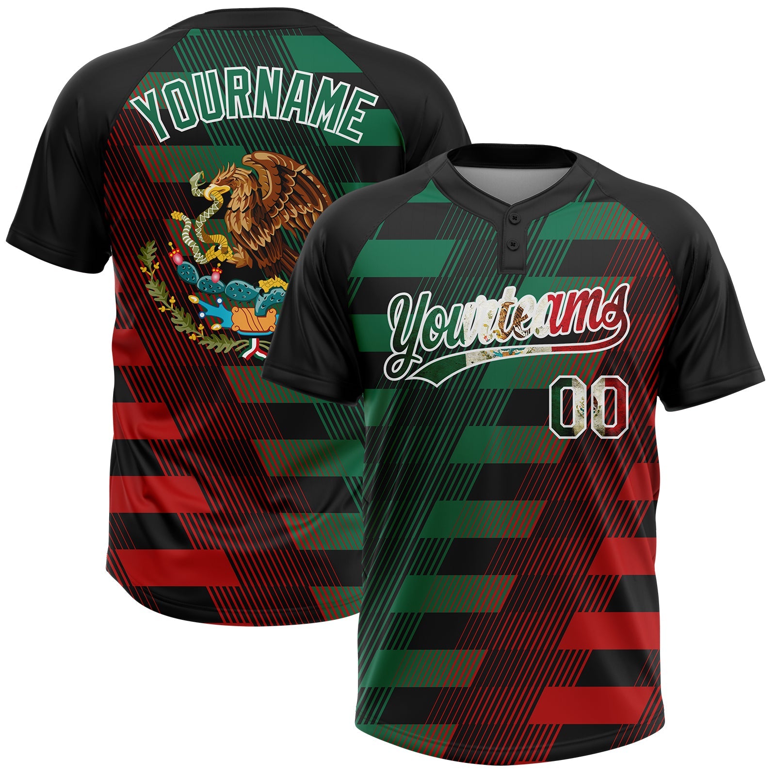 Custom Black Vintage Mexican Flag Kelly Green Red-White Mexico Two-Button Unisex Softball Jersey - Main View