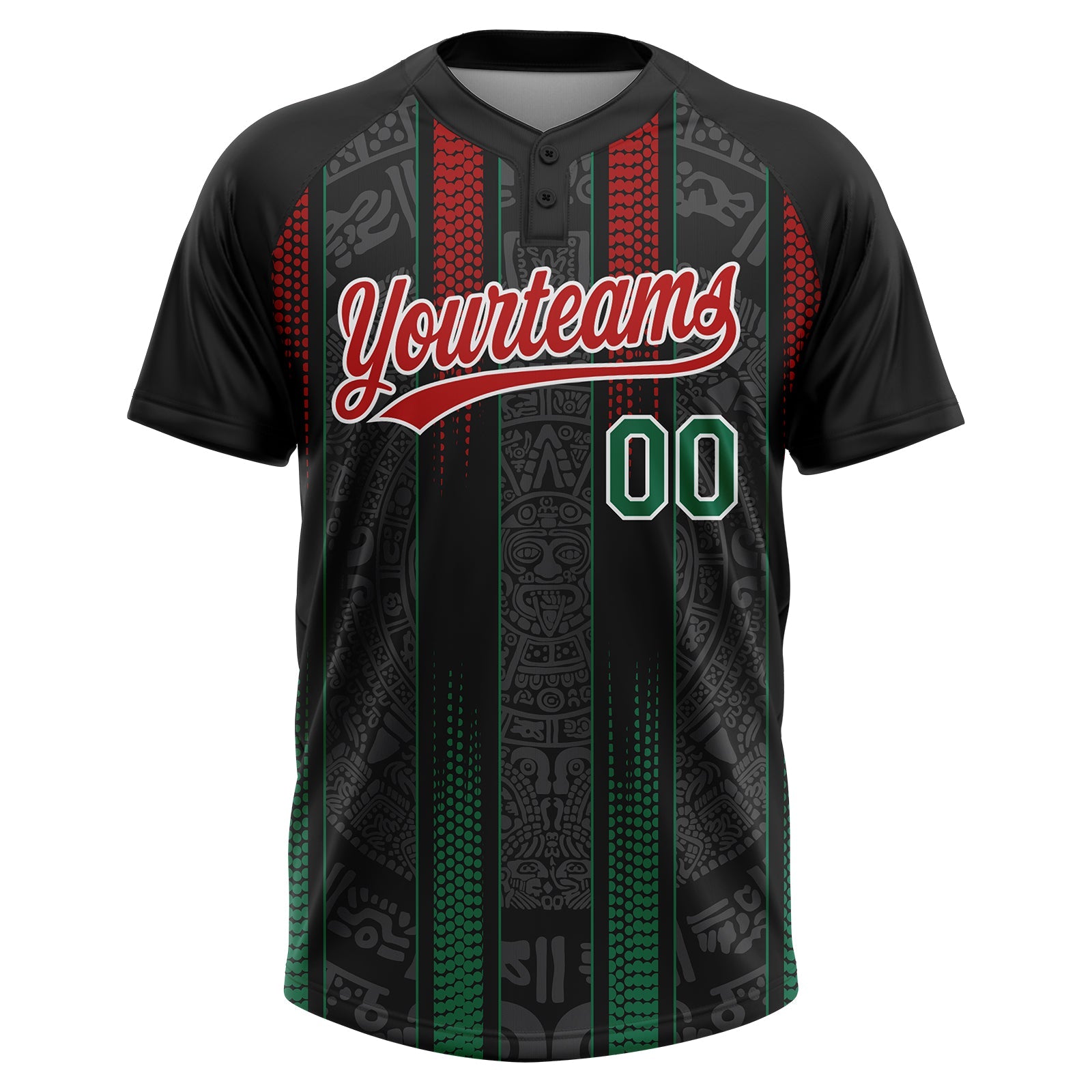Custom Black Kelly Green Red-White Mexico Two-Button Unisex Softball Jersey view 2