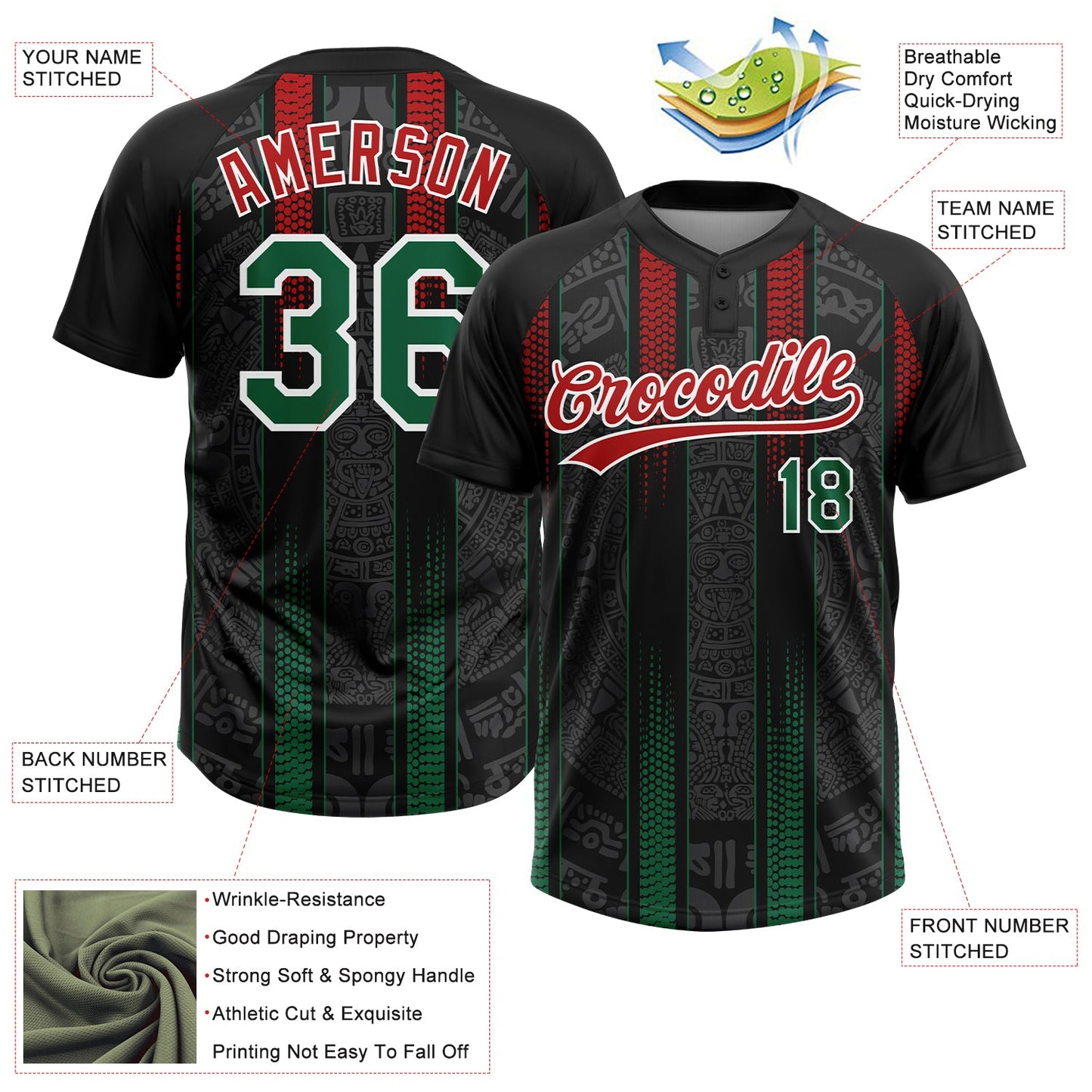 Custom Black Kelly Green Red-White Mexico Two-Button Unisex Softball Jersey view 3