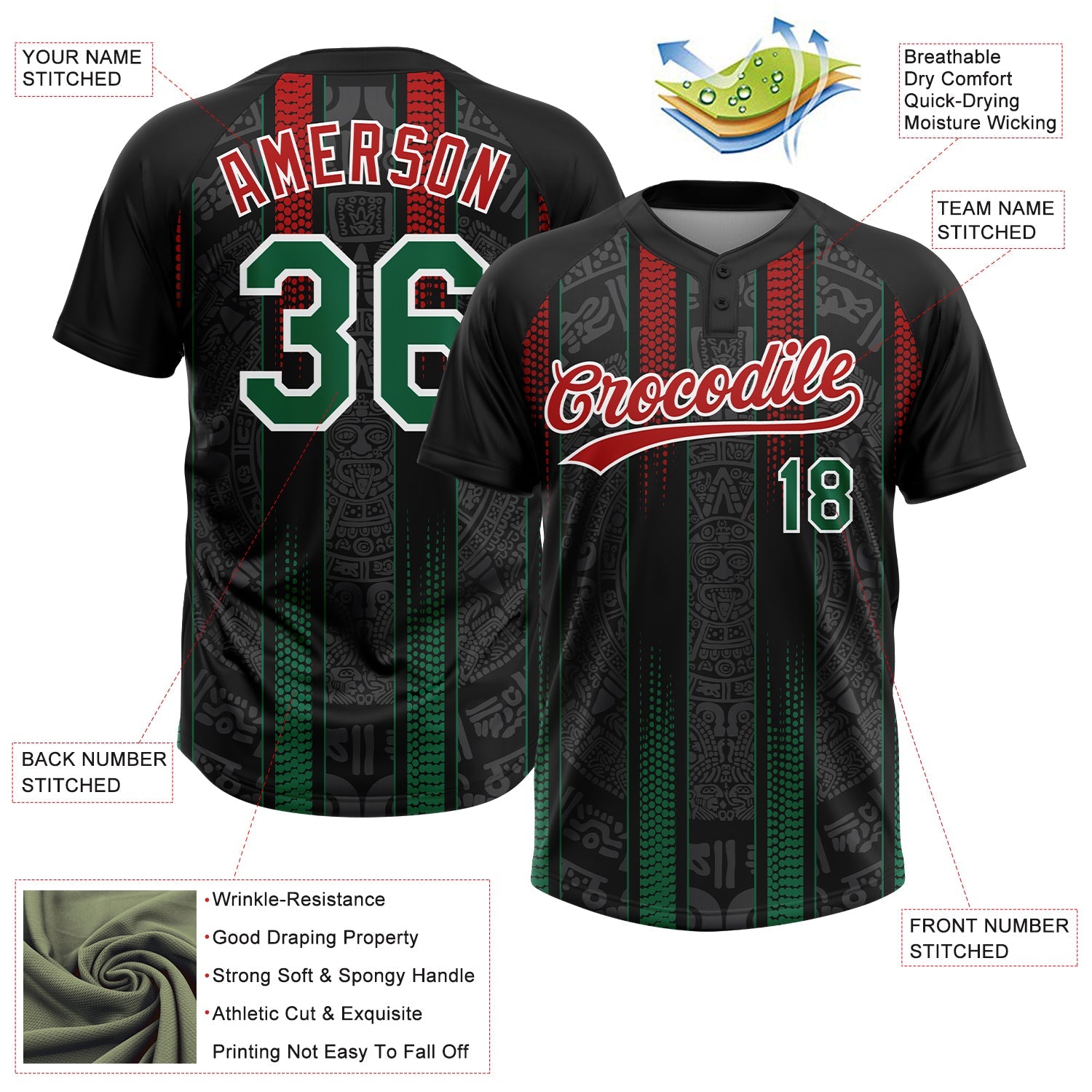 Custom Black Kelly Green Red-White Mexico Two-Button Unisex Softball Jersey view 3