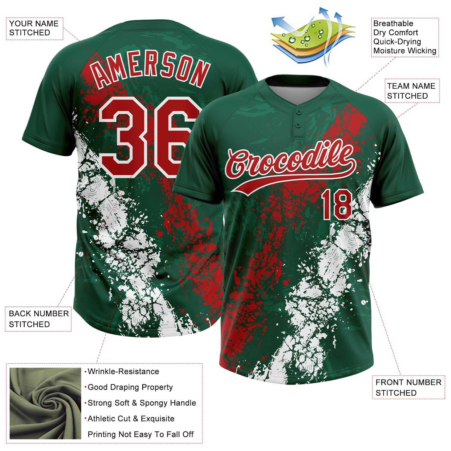 Custom Kelly Green Red-White Mexico Dripping Splatter Cracked Texture Two-Button Unisex Softball Jersey view 3