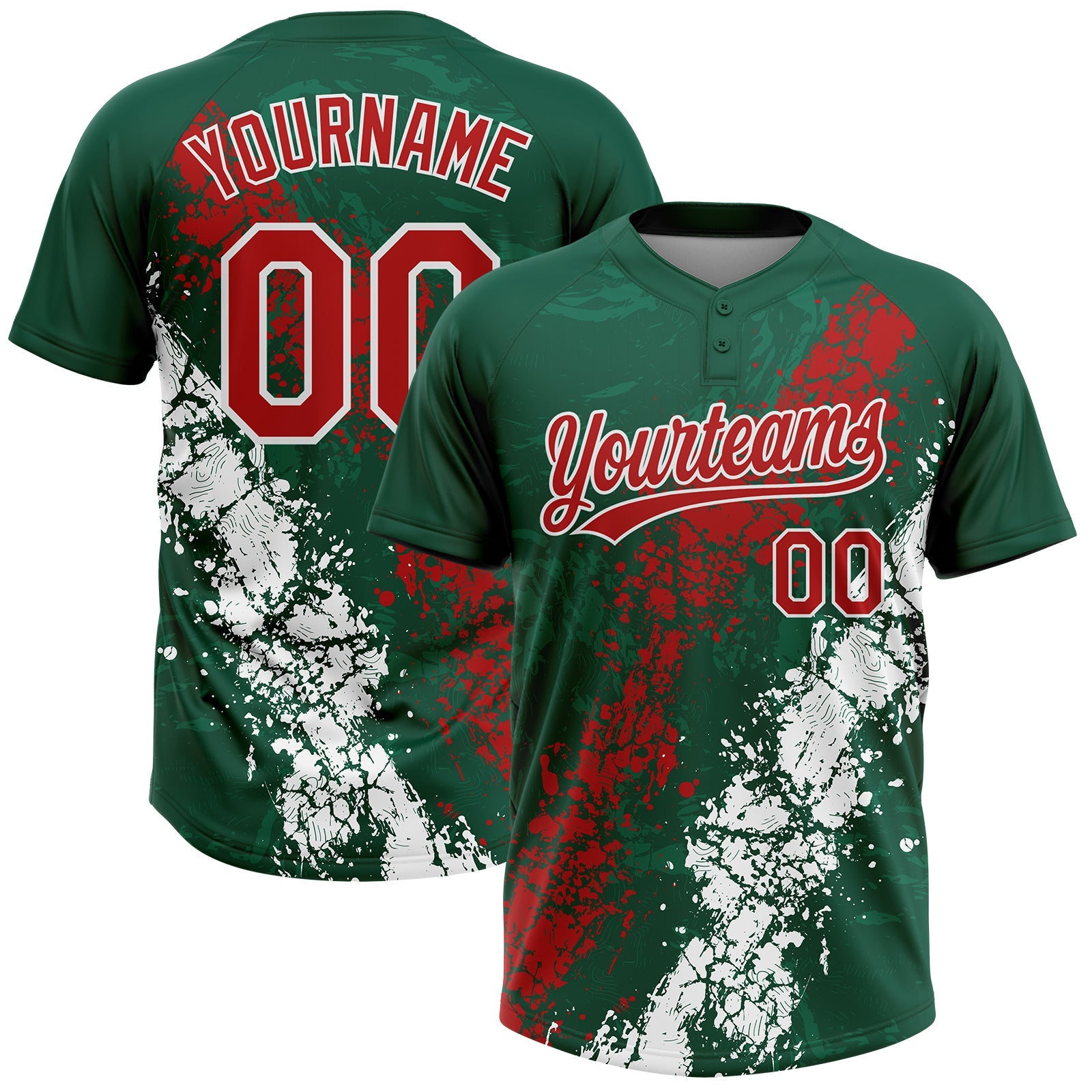 Custom Kelly Green Red-White Mexico Dripping Splatter Cracked Texture Two-Button Unisex Softball Jersey - Main View