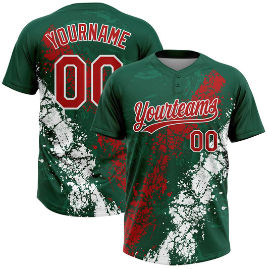 Custom Kelly Green Red-White Mexico Dripping Splatter Cracked Texture Two-Button Unisex Softball Jersey - Main View
