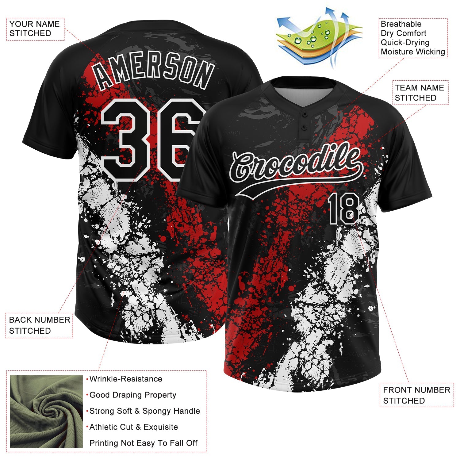 Custom Black Red-White Dripping Splatter Cracked Texture Two-Button Unisex Softball Jersey view 3