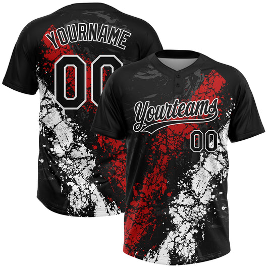 Custom Black Red-White Dripping Splatter Cracked Texture Two-Button Unisex Softball Jersey - Main View