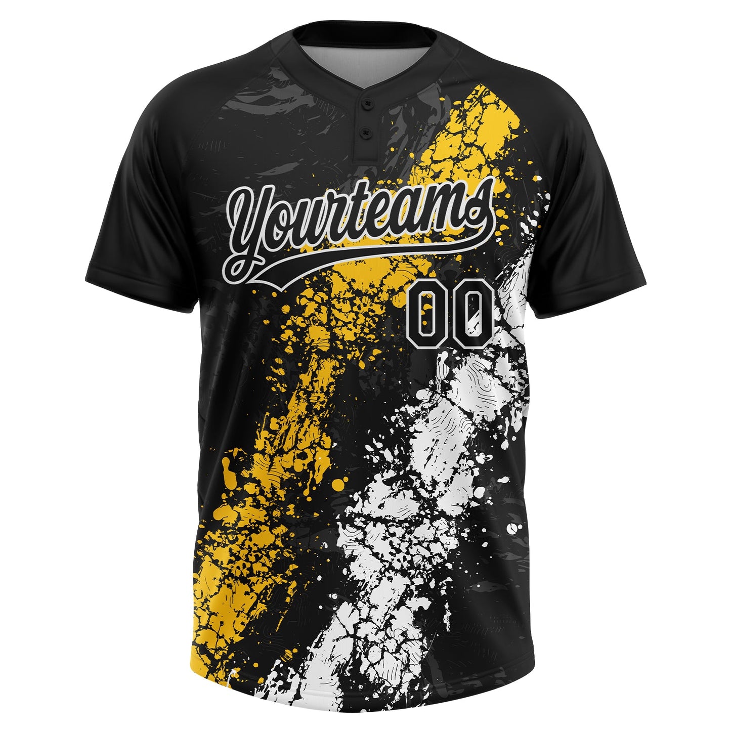 Custom Black Yellow-White Dripping Splatter Cracked Texture Two-Button Unisex Softball Jersey view 2
