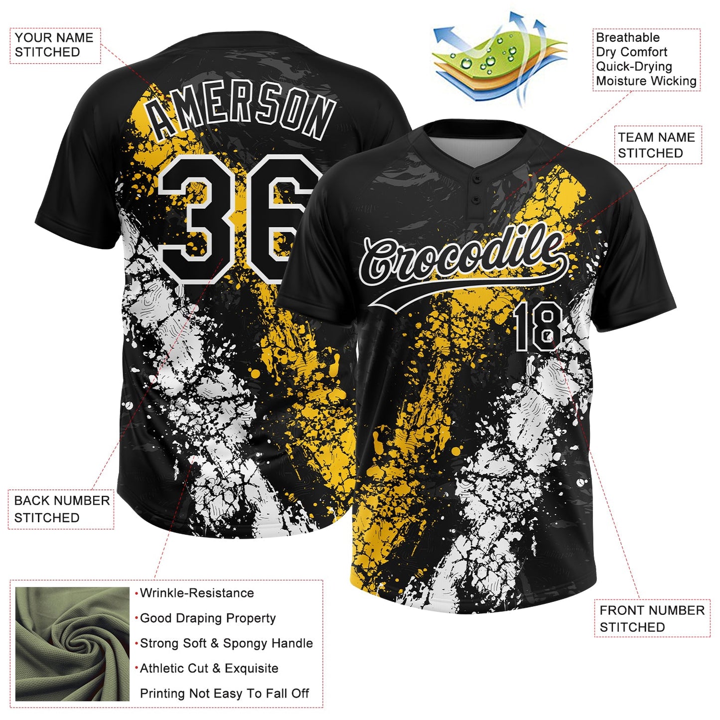 Custom Black Yellow-White Dripping Splatter Cracked Texture Two-Button Unisex Softball Jersey view 3
