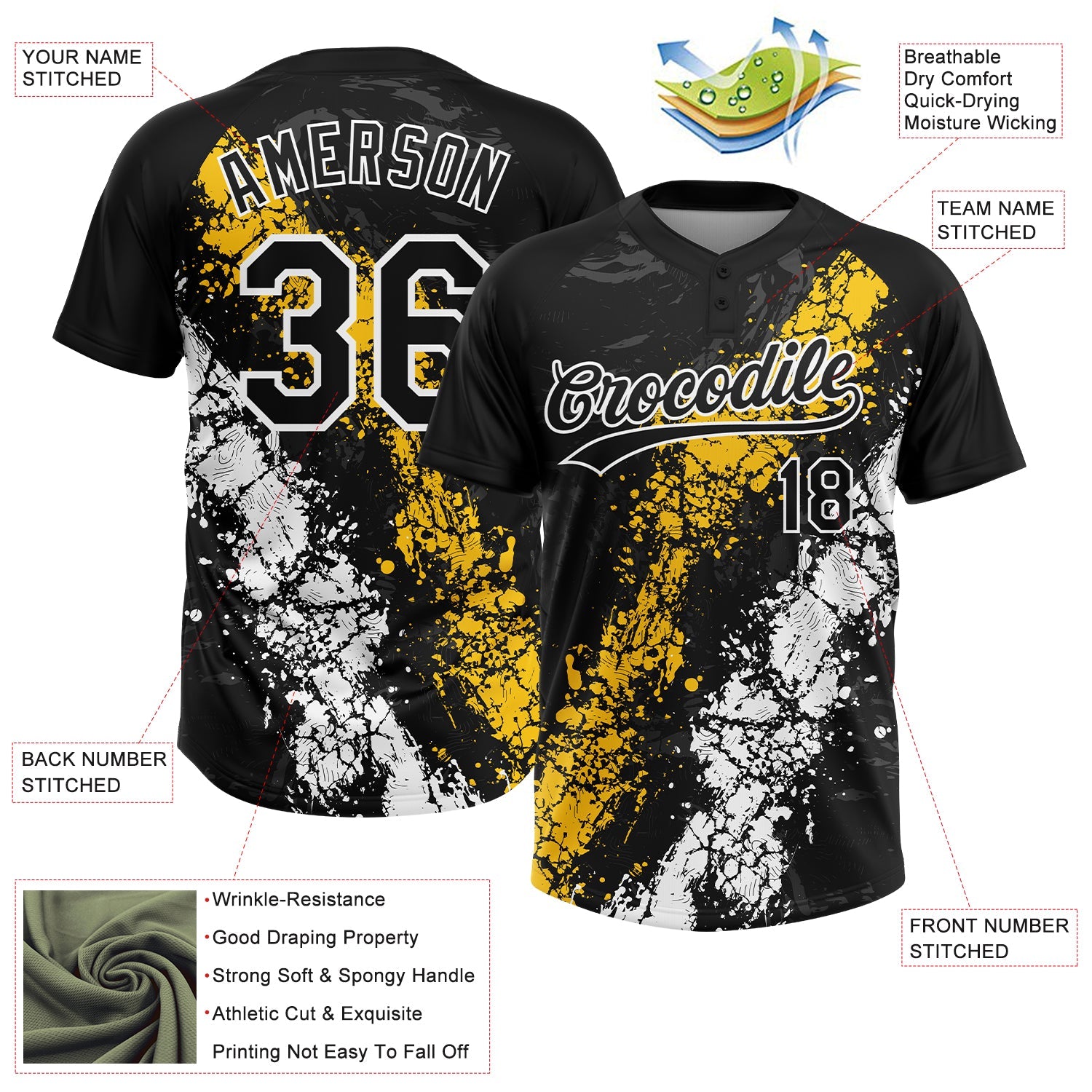 Custom Black Yellow-White Dripping Splatter Cracked Texture Two-Button Unisex Softball Jersey view 3