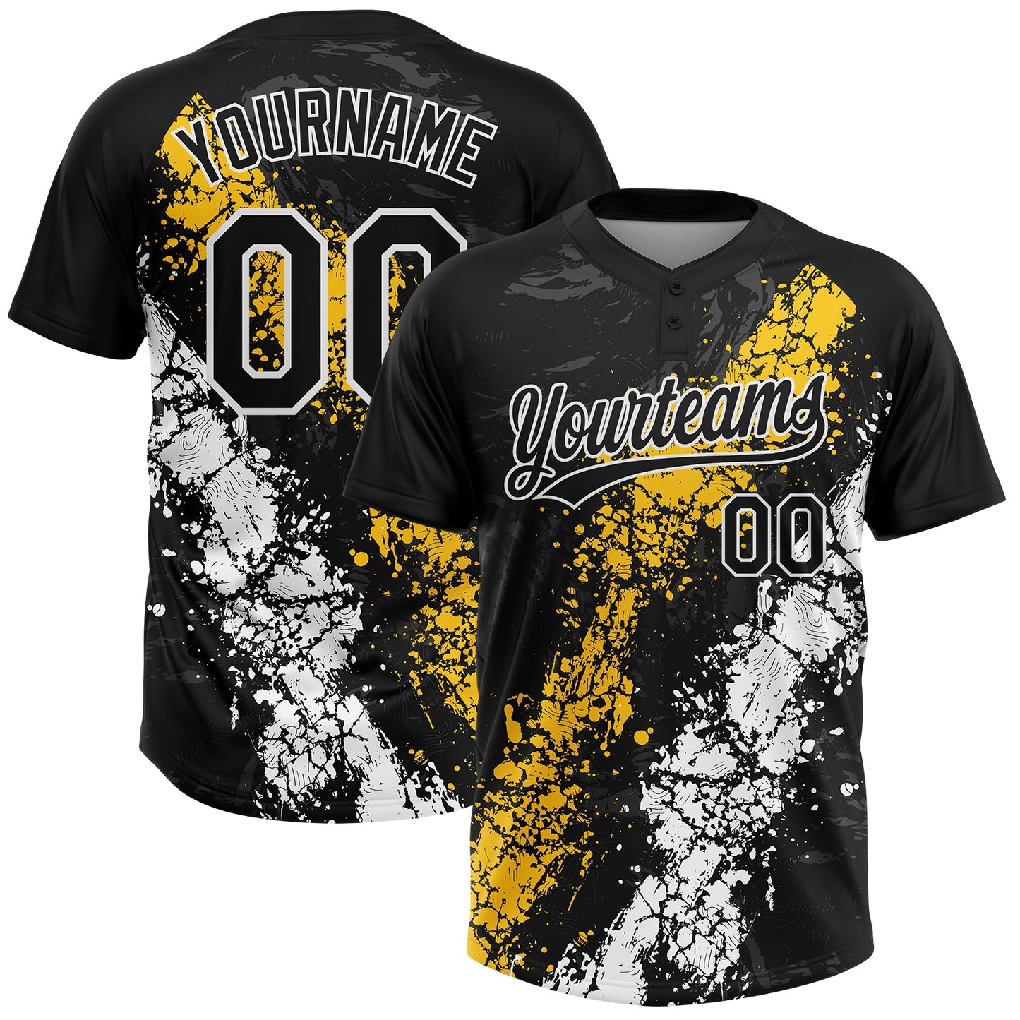 Custom Black Yellow-White Dripping Splatter Cracked Texture Two-Button Unisex Softball Jersey - Main View