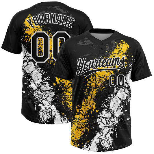 Custom Black Yellow-White Dripping Splatter Cracked Texture Two-Button Unisex Softball Jersey - Main View