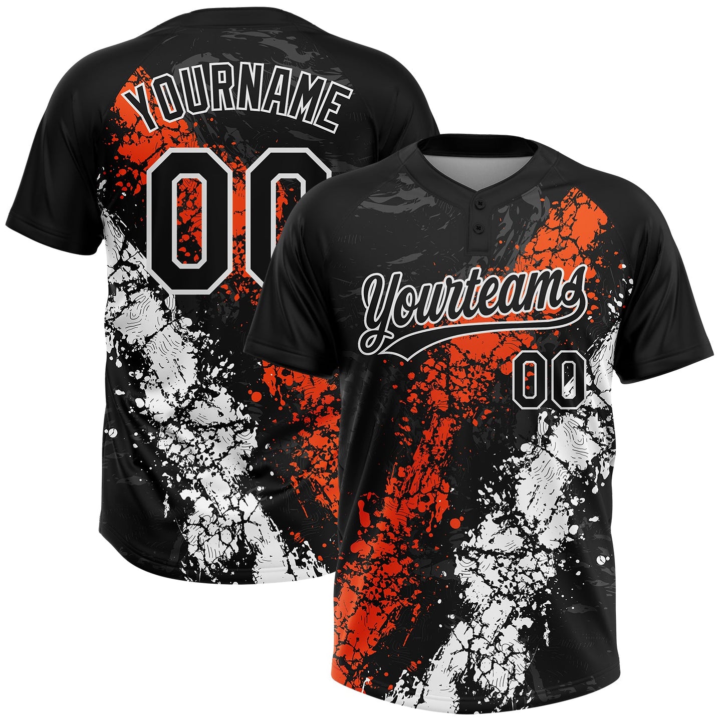 Custom Black Orange-White Dripping Splatter Cracked Texture Two-Button Unisex Softball Jersey - Main View