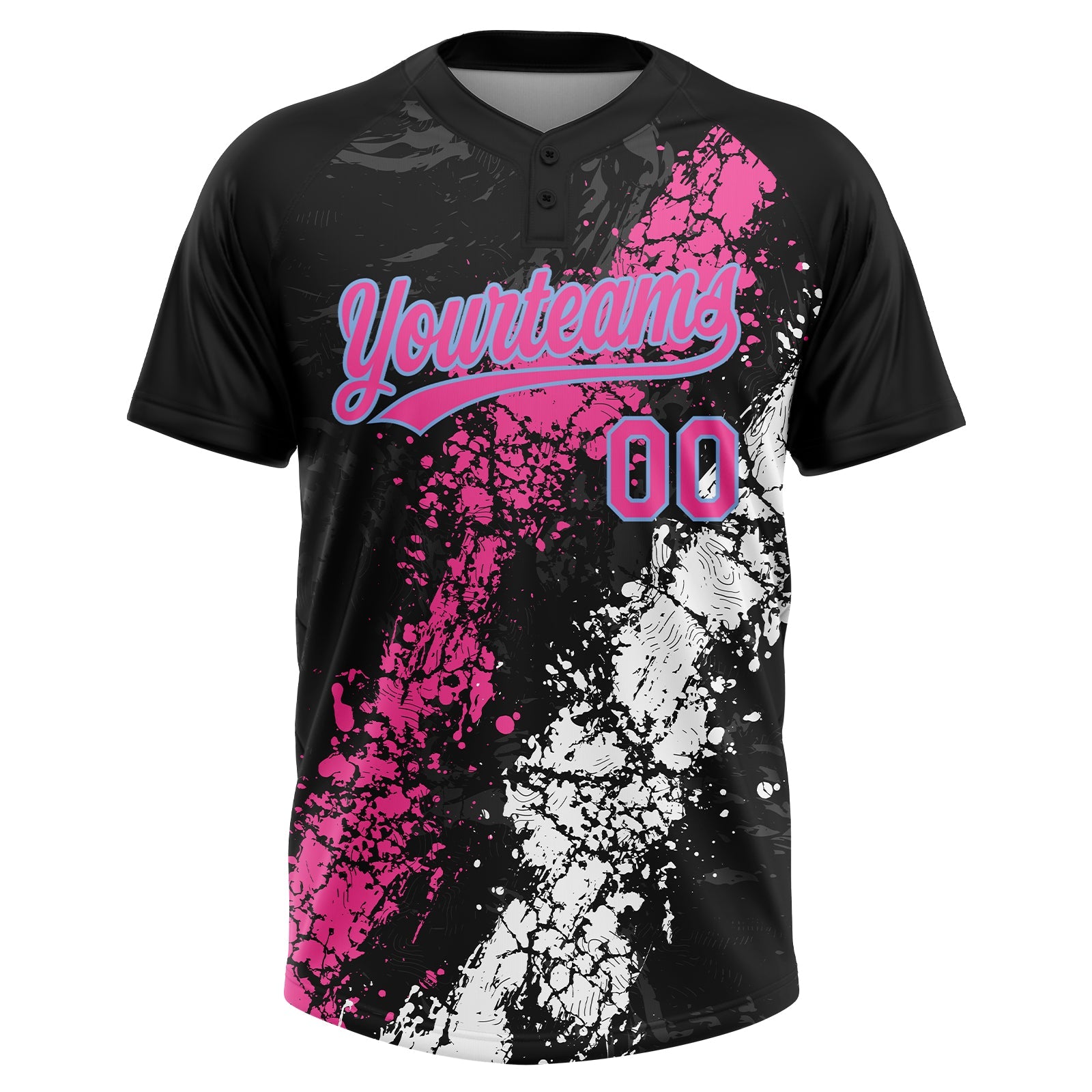 Custom Black Pink White-Light Blue Dripping Splatter Cracked Texture Two-Button Unisex Softball Jersey view 2