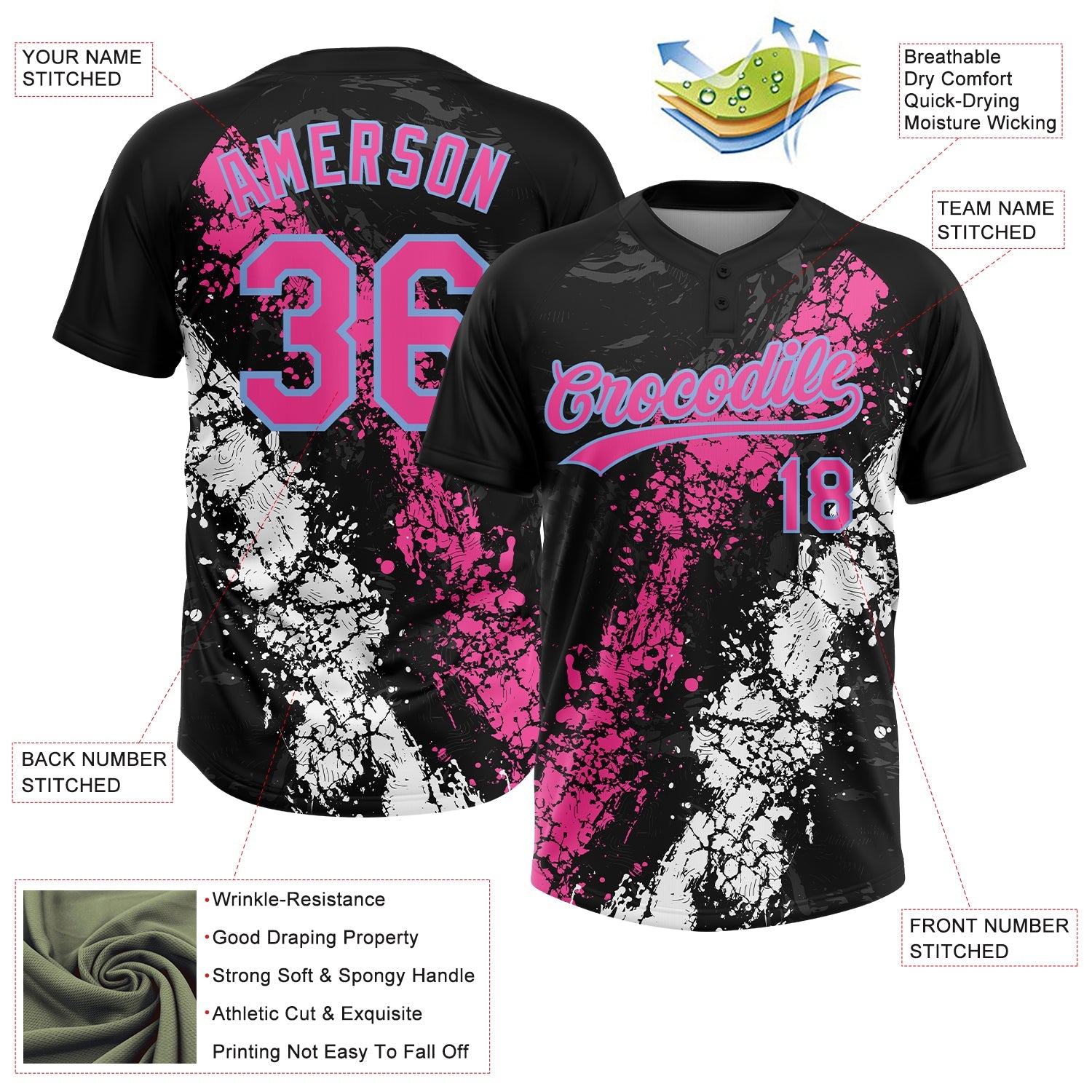 Custom Black Pink White-Light Blue Dripping Splatter Cracked Texture Two-Button Unisex Softball Jersey view 3
