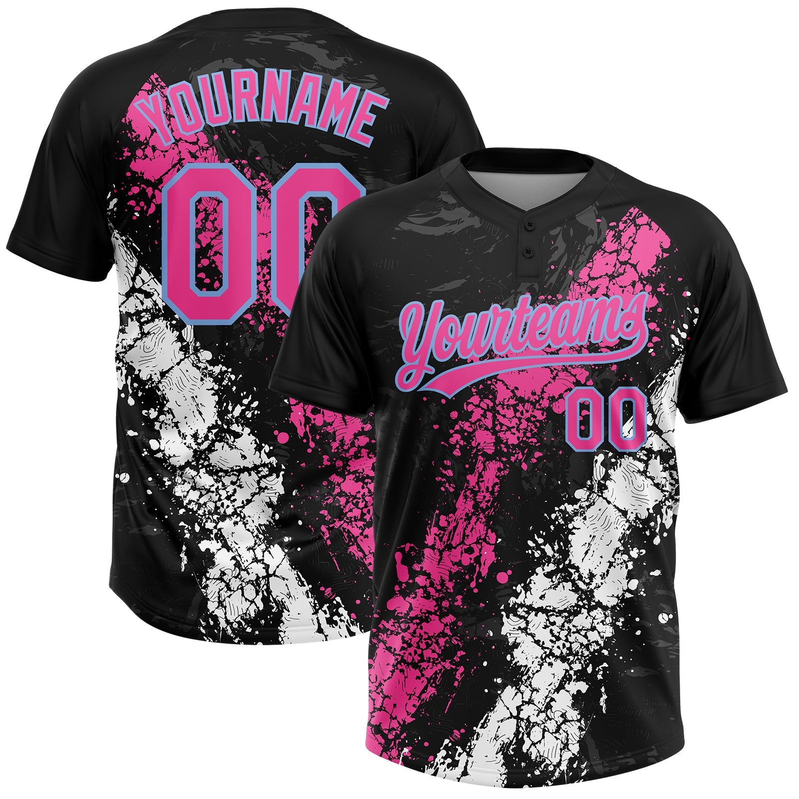 Custom Black Pink White-Light Blue Dripping Splatter Cracked Texture Two-Button Unisex Softball Jersey - Main View