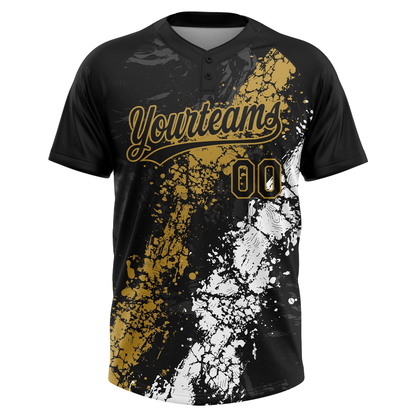 Custom Black Old Gold-White Dripping Splatter Cracked Texture Two-Button Unisex Softball Jersey view 2
