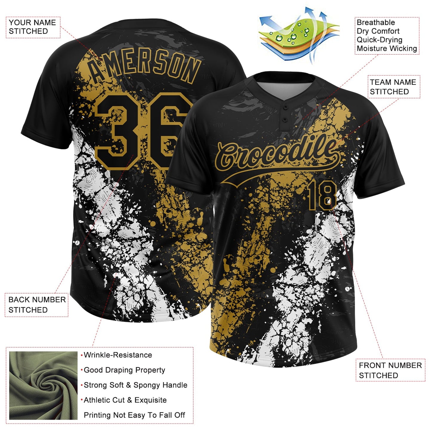 Custom Black Old Gold-White Dripping Splatter Cracked Texture Two-Button Unisex Softball Jersey view 3