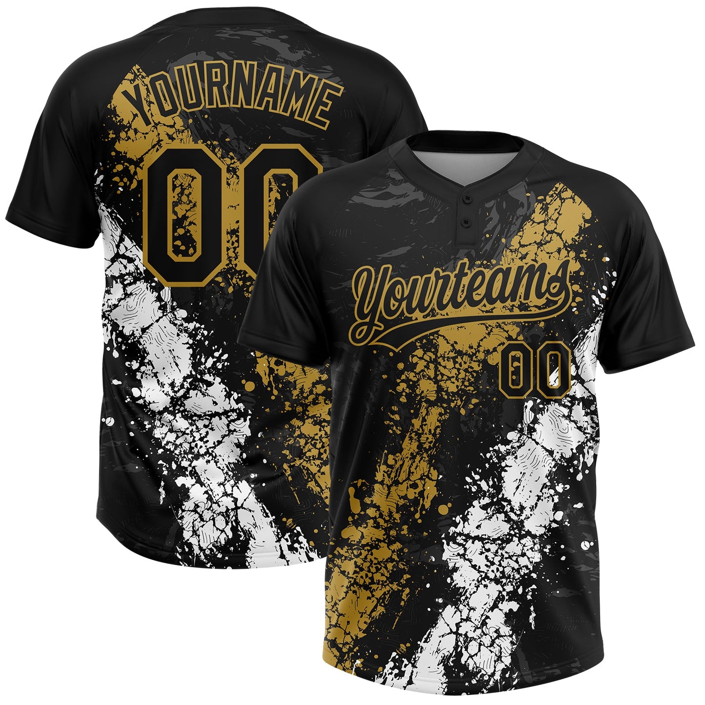 Custom Black Old Gold-White Dripping Splatter Cracked Texture Two-Button Unisex Softball Jersey - Main View