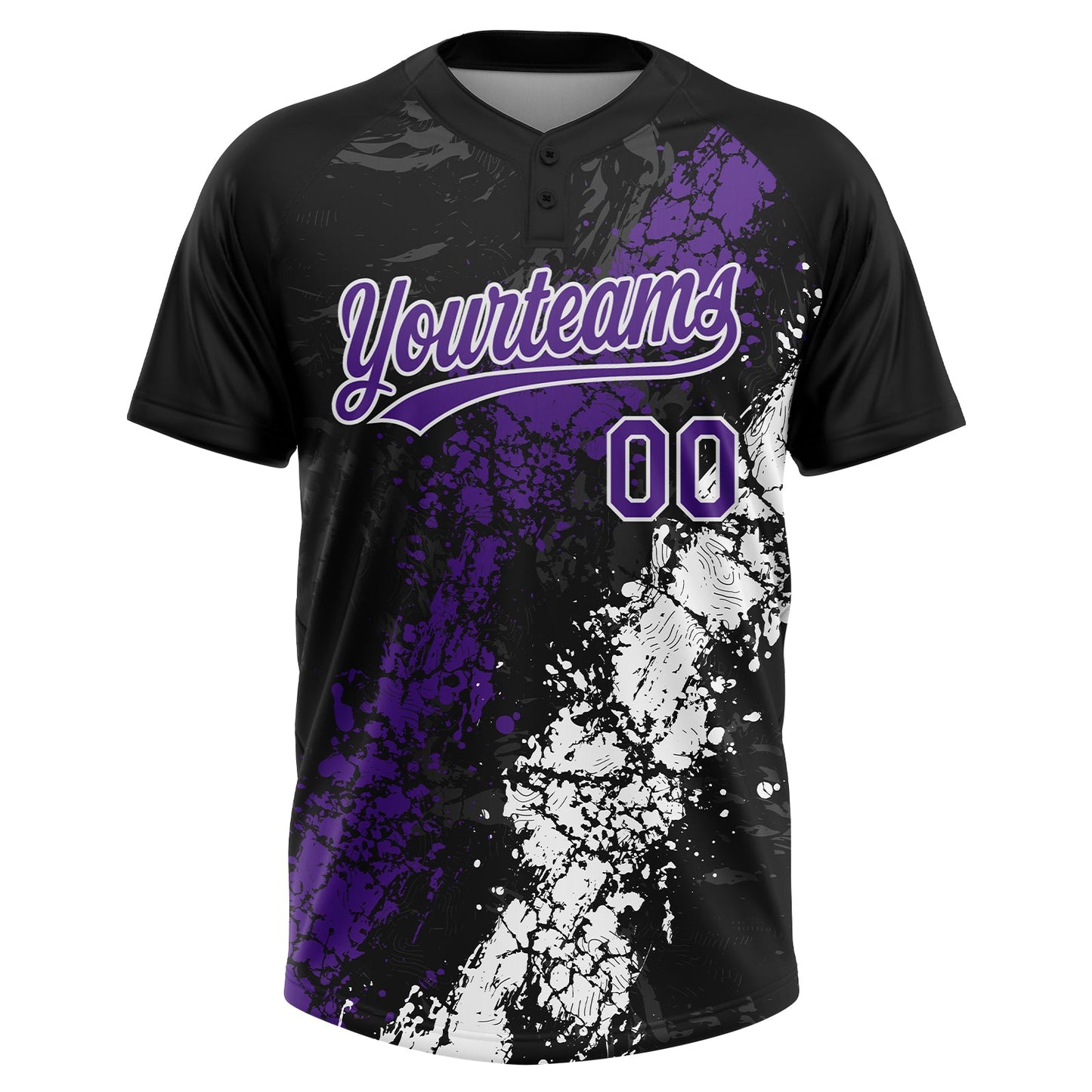 Custom Black Purple-White Dripping Splatter Cracked Texture Two-Button Unisex Softball Jersey view 2