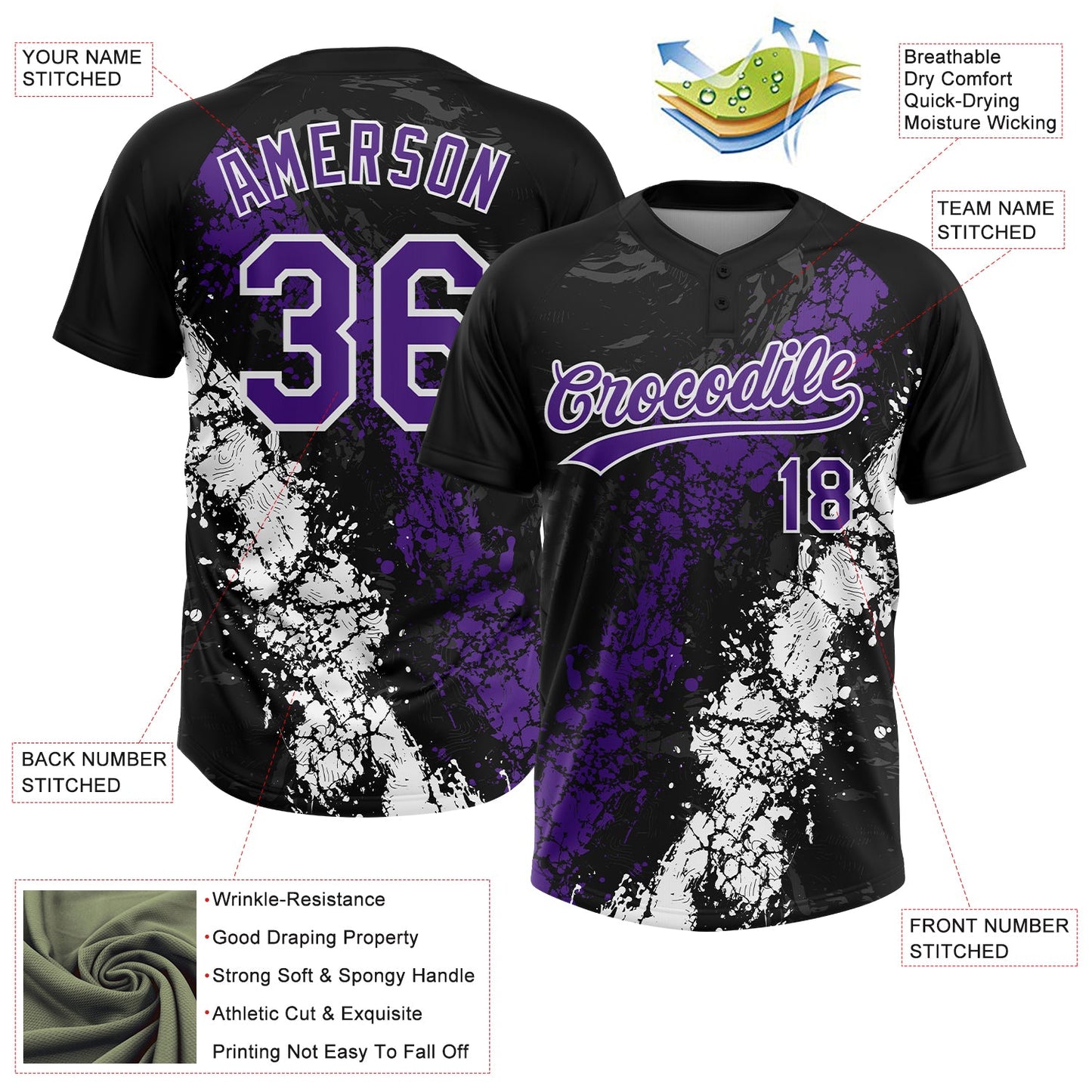Custom Black Purple-White Dripping Splatter Cracked Texture Two-Button Unisex Softball Jersey view 3