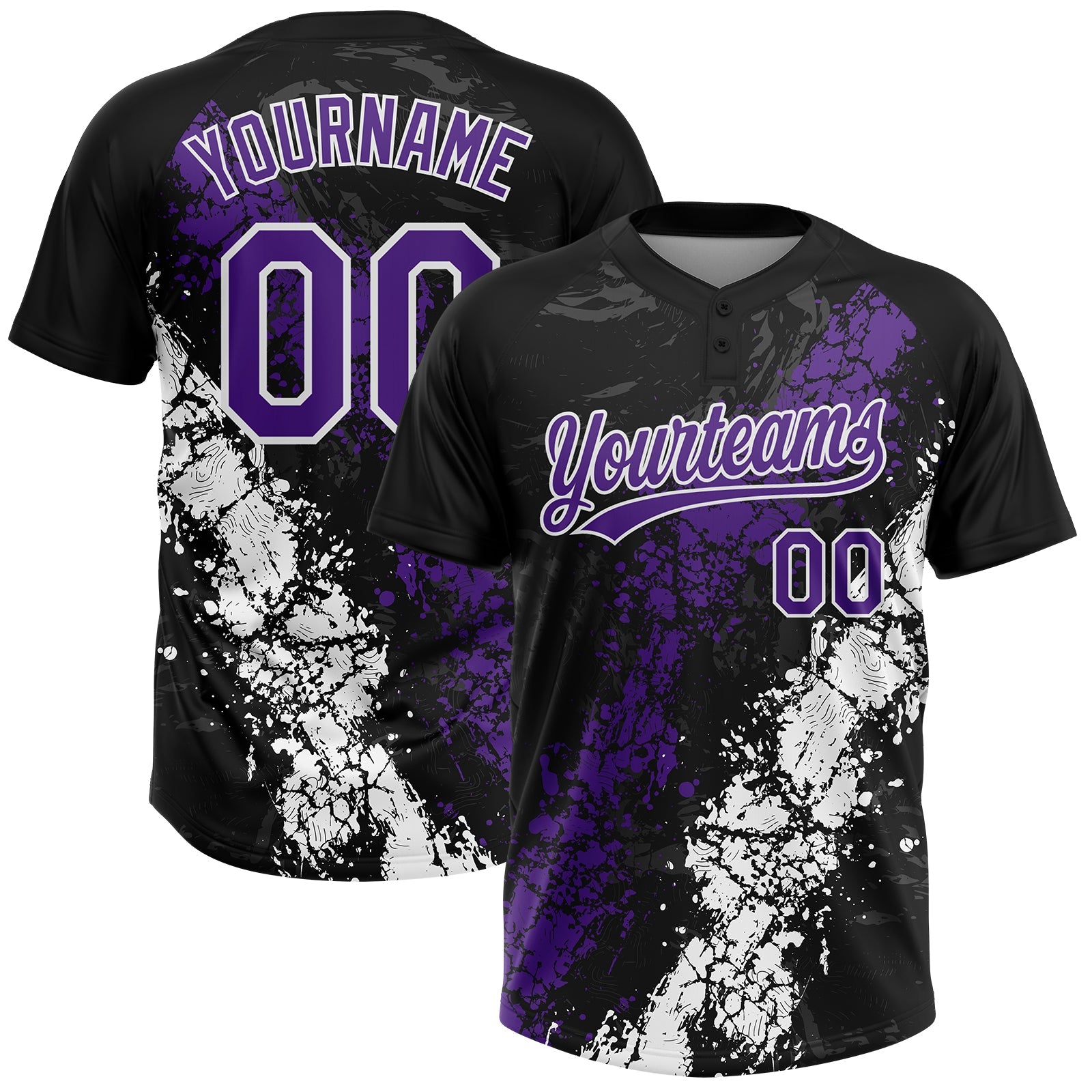 Custom Black Purple-White Dripping Splatter Cracked Texture Two-Button Unisex Softball Jersey - Main View