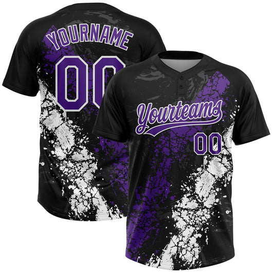 Custom Black Purple-White Dripping Splatter Cracked Texture Two-Button Unisex Softball Jersey - Main View
