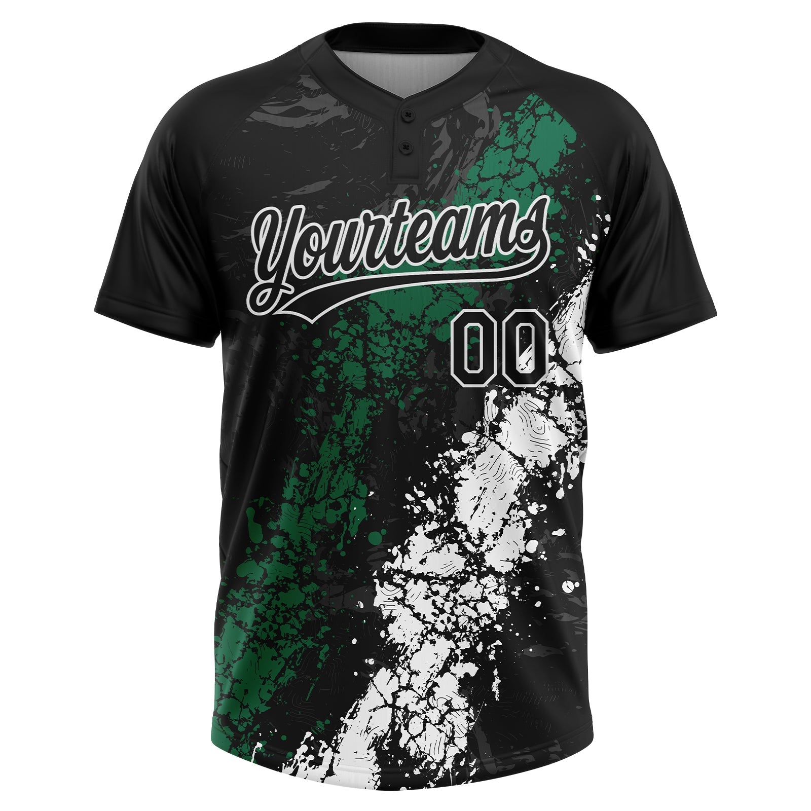 Custom Black Kelly Green-White Dripping Splatter Cracked Texture Two-Button Unisex Softball Jersey view 2