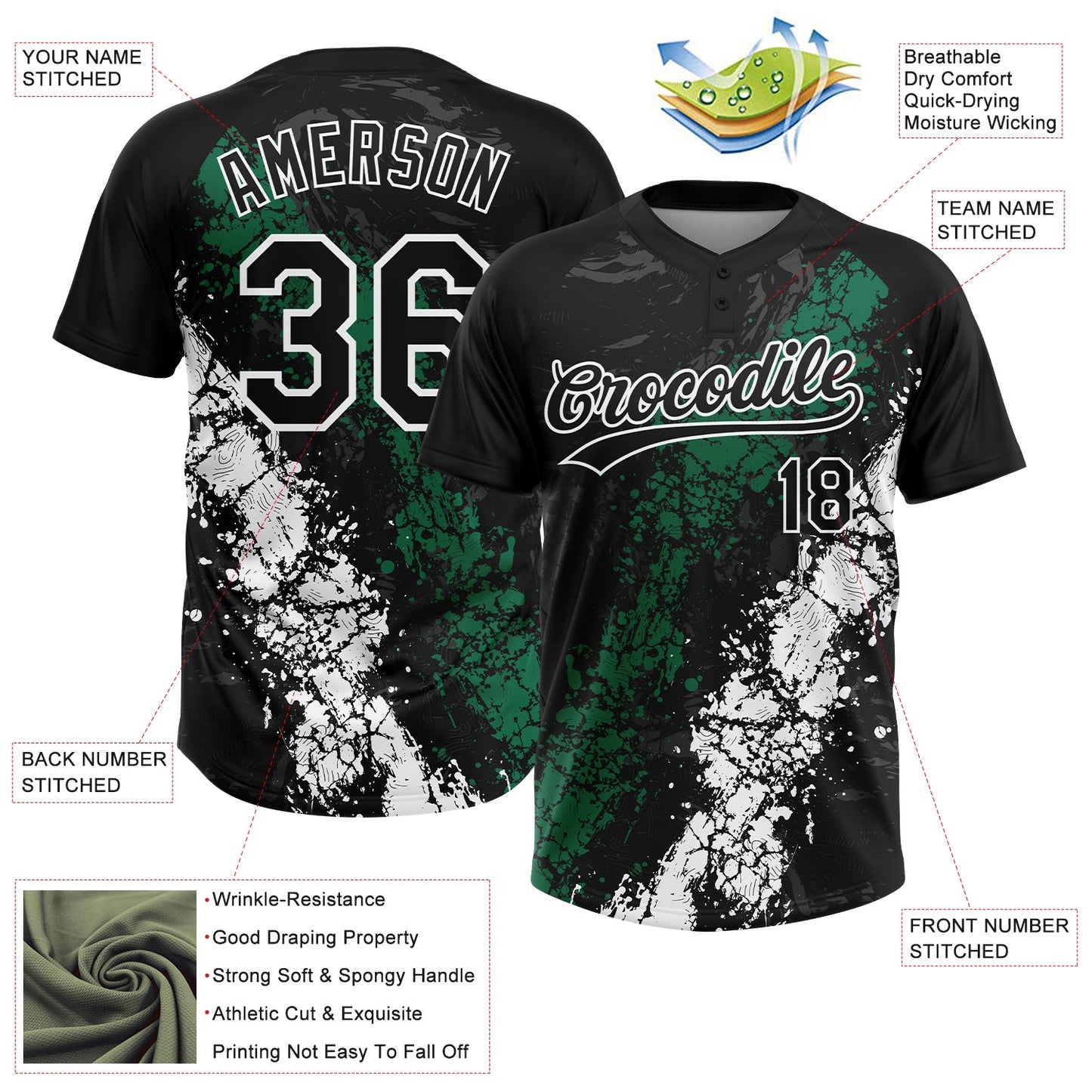 Custom Black Kelly Green-White Dripping Splatter Cracked Texture Two-Button Unisex Softball Jersey view 3