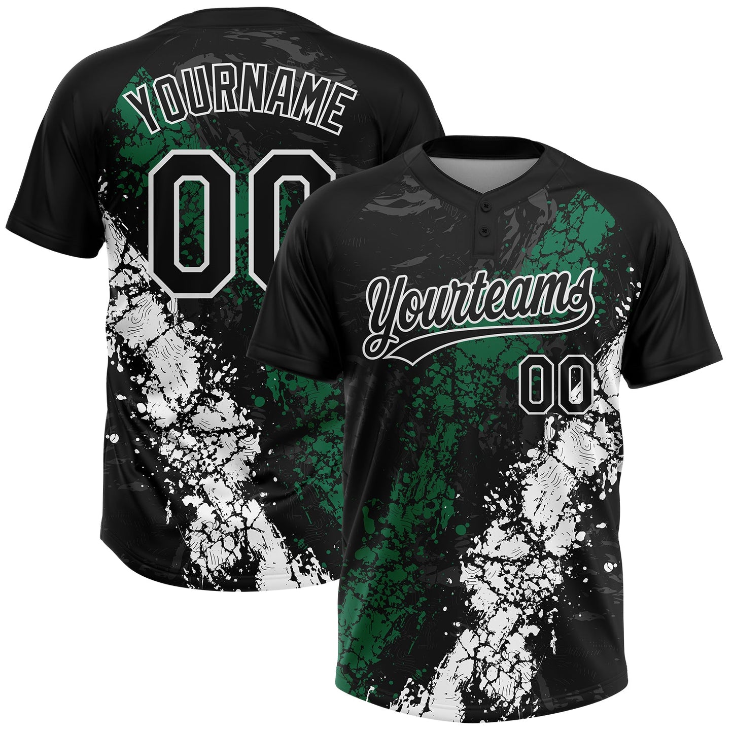 Custom Black Kelly Green-White Dripping Splatter Cracked Texture Two-Button Unisex Softball Jersey - Main View