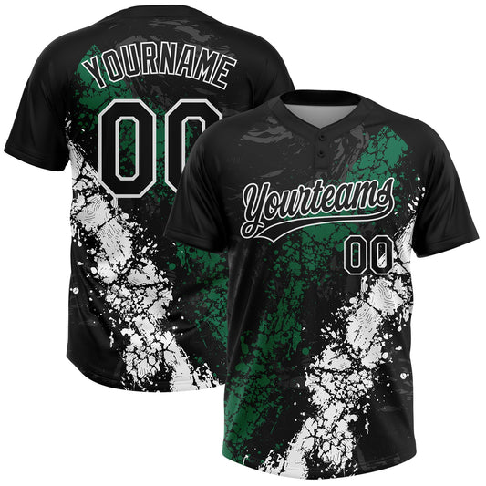 Custom Black Kelly Green-White Dripping Splatter Cracked Texture Two-Button Unisex Softball Jersey - Main View