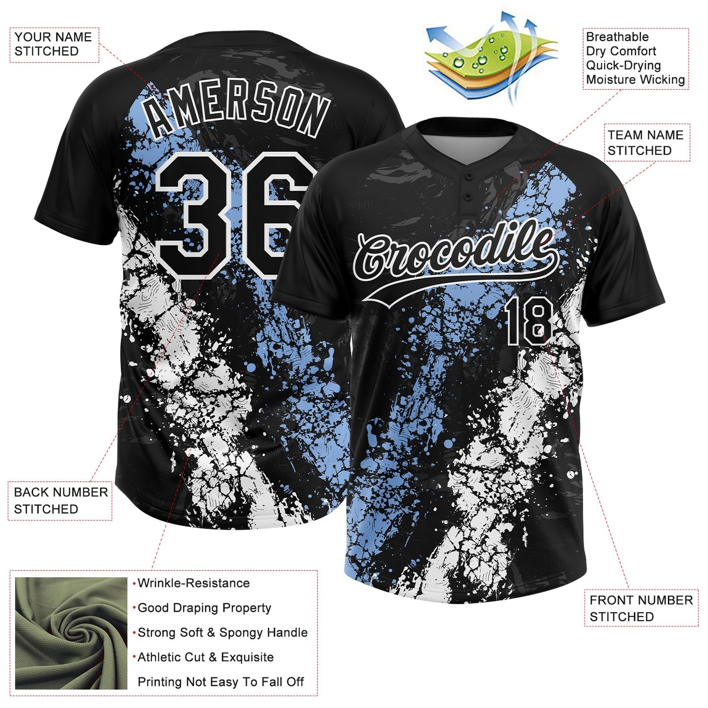 Custom Black Light Blue-White Dripping Splatter Cracked Texture Two-Button Unisex Softball Jersey view 3