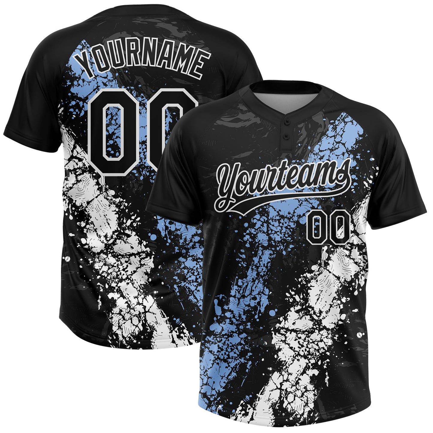 Custom Black Light Blue-White Dripping Splatter Cracked Texture Two-Button Unisex Softball Jersey - Main View
